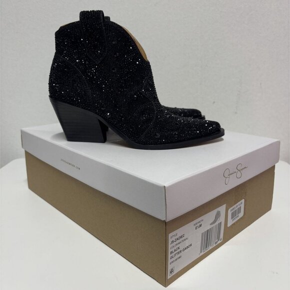 JESSICA SIMPSON / Black / Glittered / Ankle / Boots With Block Heel And Pull Tab - Picture 8 of 9